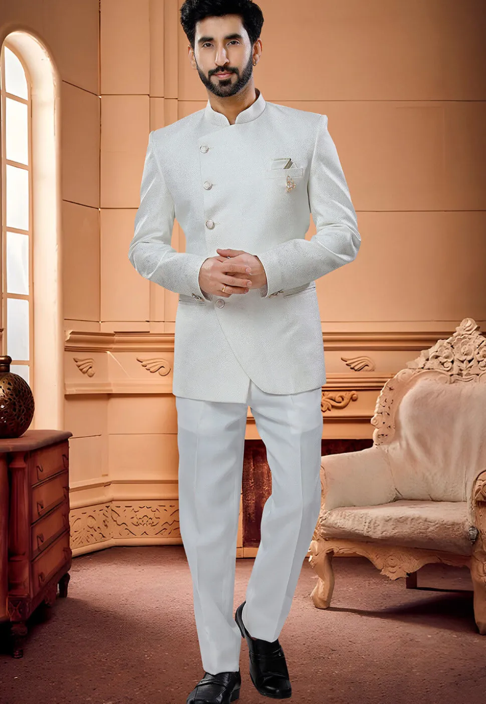 Woven Art Silk Jacquard Jodhpuri Suit in Off White