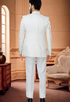Woven Art Silk Jacquard Jodhpuri Suit in Off White