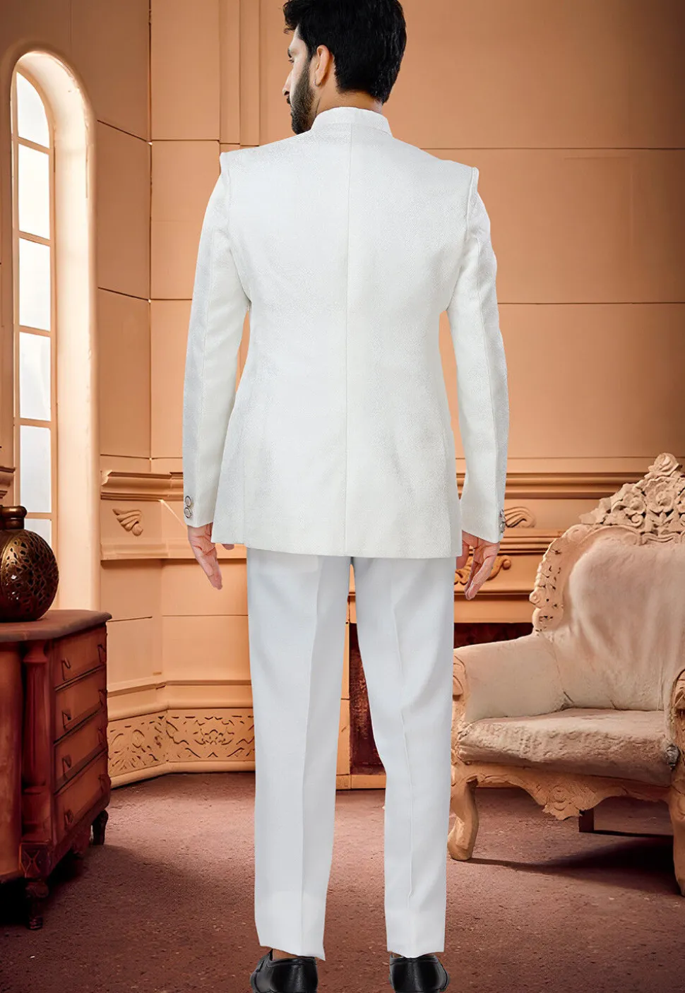 Woven Art Silk Jacquard Jodhpuri Suit in Off White