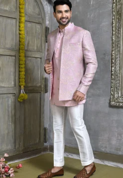 Woven Art Silk Jacquard Jodhpuri Suit in Light Purple
