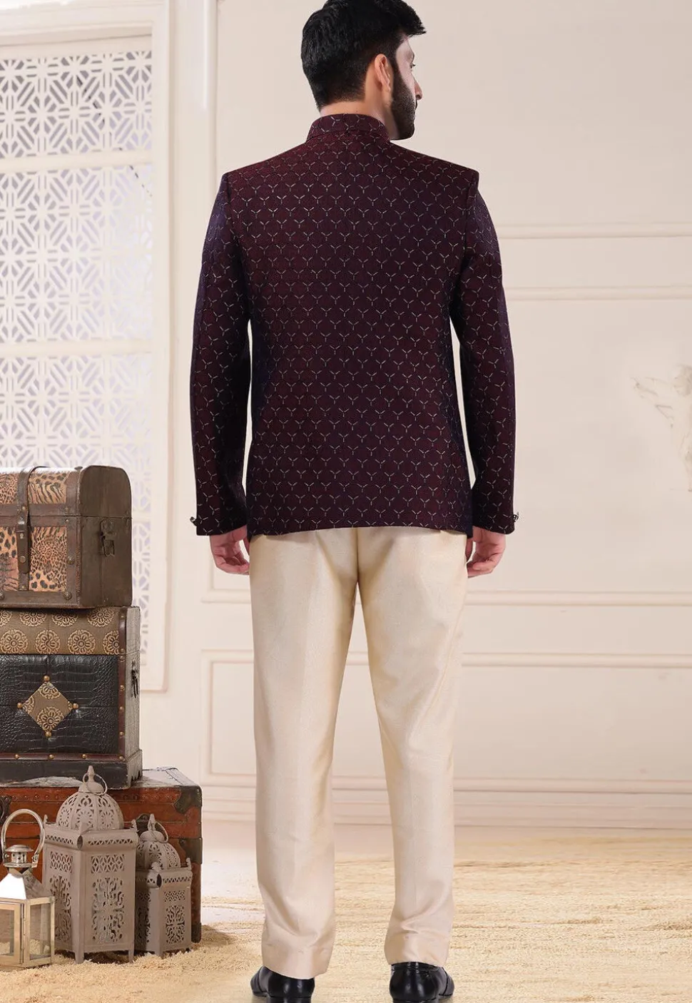 Woven Art Silk Jacquard Jodhpuri Suit in Maroon