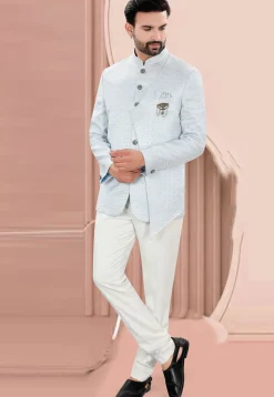 Woven Art Silk Jacquard Jodhpuri Jacket in Light Blue