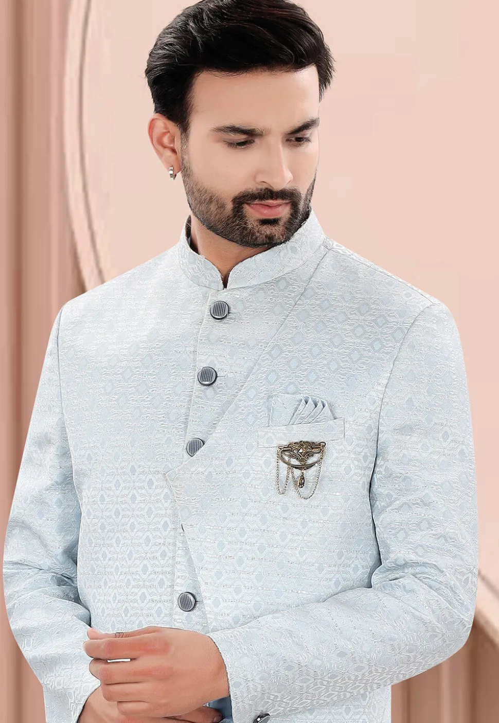 Woven Art Silk Jacquard Jodhpuri Jacket in Light Blue