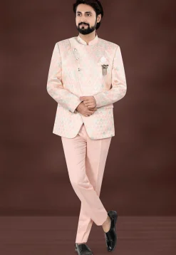 Woven Art Silk Jacquard Jodhpuri Suit in Peach