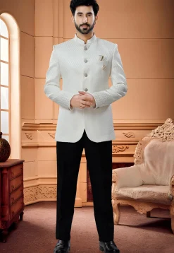 Woven Art Silk Jacquard Jodhpuri Suit in Cream