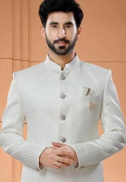Woven Art Silk Jacquard Jodhpuri Suit in Cream