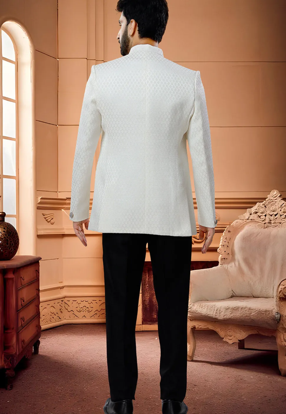 Woven Art Silk Jacquard Jodhpuri Suit in Cream