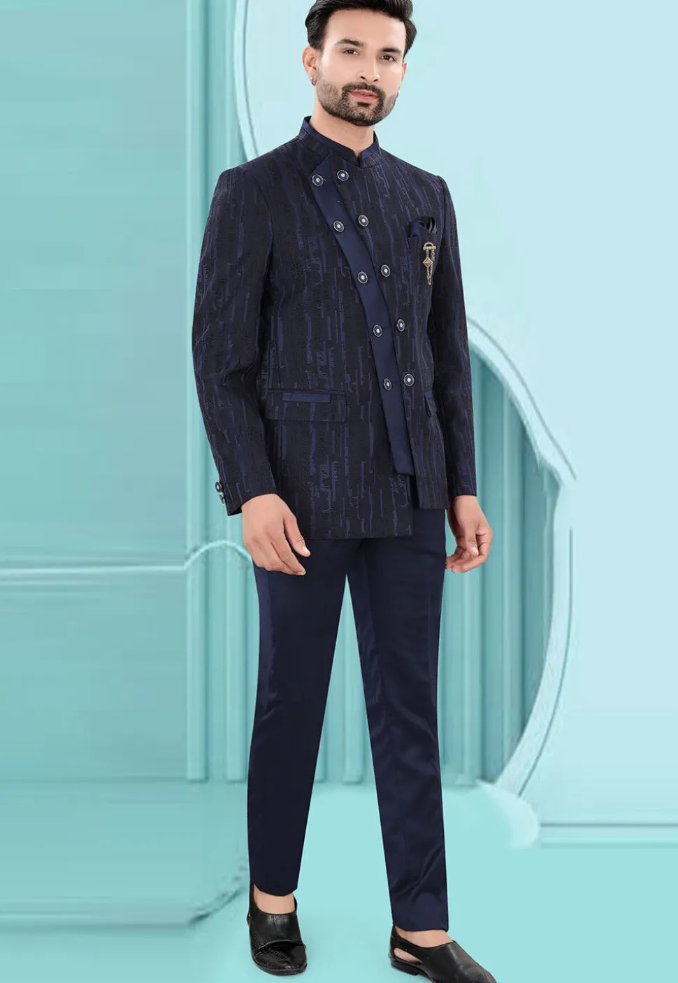 Woven Art Silk Jacquard Jodhpuri Jacket in Navy Blue