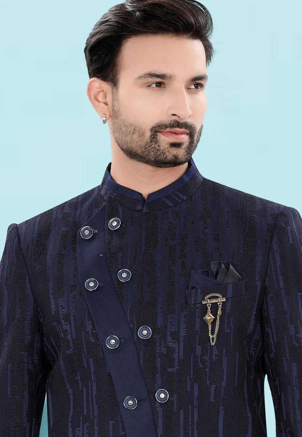 Woven Art Silk Jacquard Jodhpuri Jacket in Navy Blue