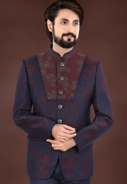 Woven Art Silk Jacquard Jodhpuri Jacket in Navy Blue