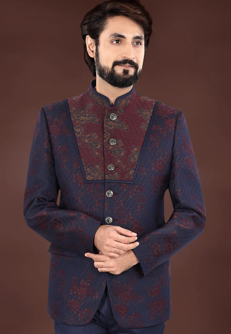 Woven Art Silk Jacquard Jodhpuri Jacket in Navy Blue