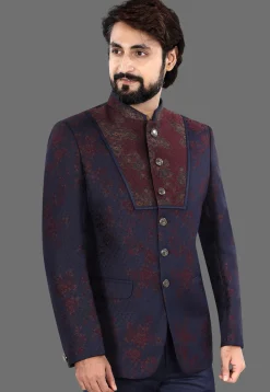 Woven Art Silk Jacquard Jodhpuri Jacket in Navy Blue