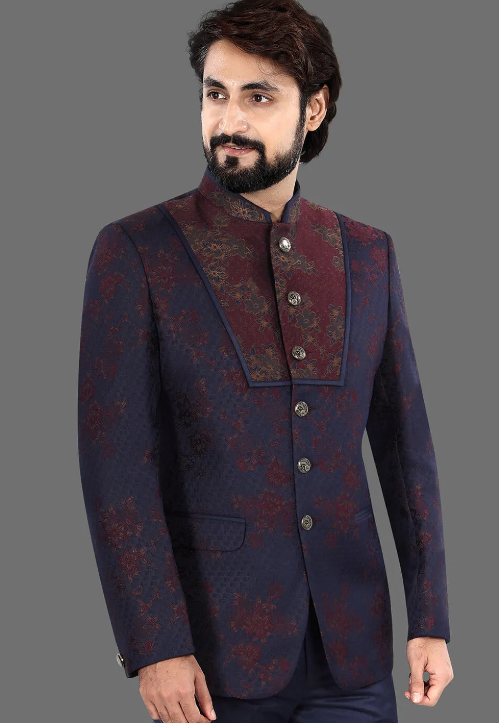 Woven Art Silk Jacquard Jodhpuri Jacket in Navy Blue