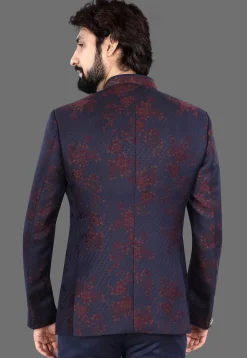 Woven Art Silk Jacquard Jodhpuri Jacket in Navy Blue