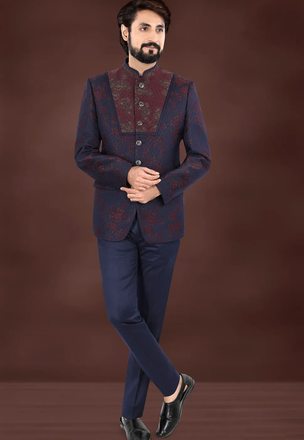 Woven Art Silk Jacquard Jodhpuri Jacket in Navy Blue