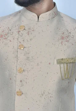 Woven Art Silk Jacquard Jodhpuri Suit in Light Beige