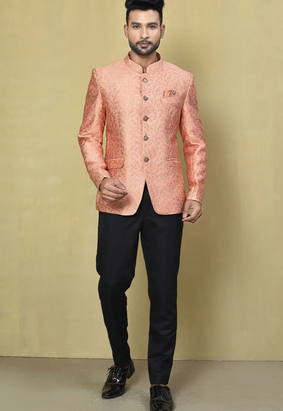 Woven Art Silk Jacquard Jodhpuri Jacket in Peach