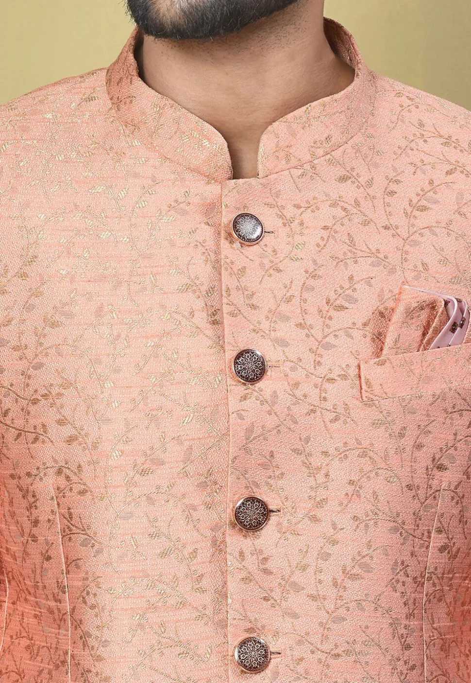 Woven Art Silk Jacquard Jodhpuri Jacket in Peach