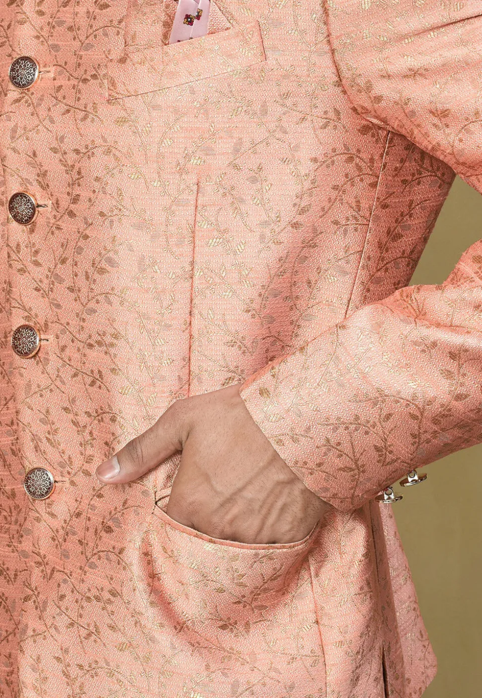 Woven Art Silk Jacquard Jodhpuri Jacket in Peach