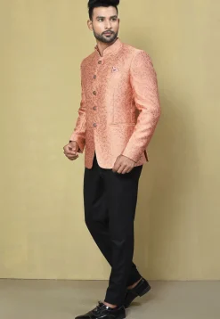 Woven Art Silk Jacquard Jodhpuri Jacket in Peach