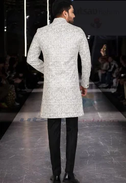 Woven Art Silk Jacquard Jodhpuri Suit in Off White