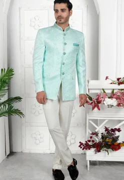 Woven Art Silk Jacquard Jodhpuri Jacket in Sea Green