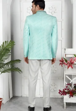 Woven Art Silk Jacquard Jodhpuri Jacket in Sea Green