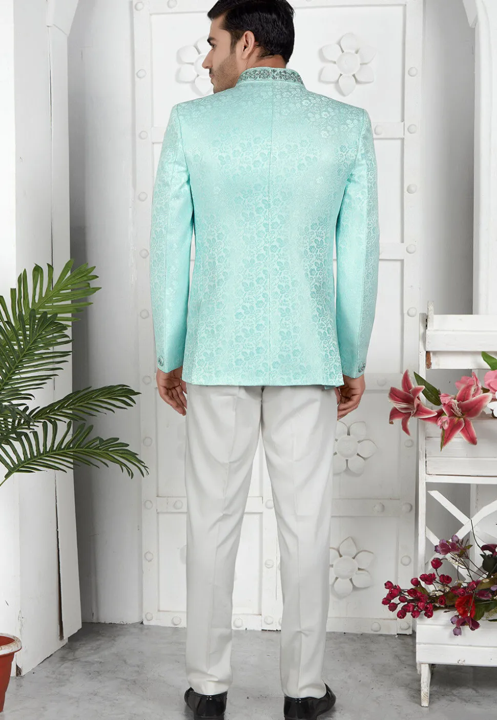 Woven Art Silk Jacquard Jodhpuri Jacket in Sea Green
