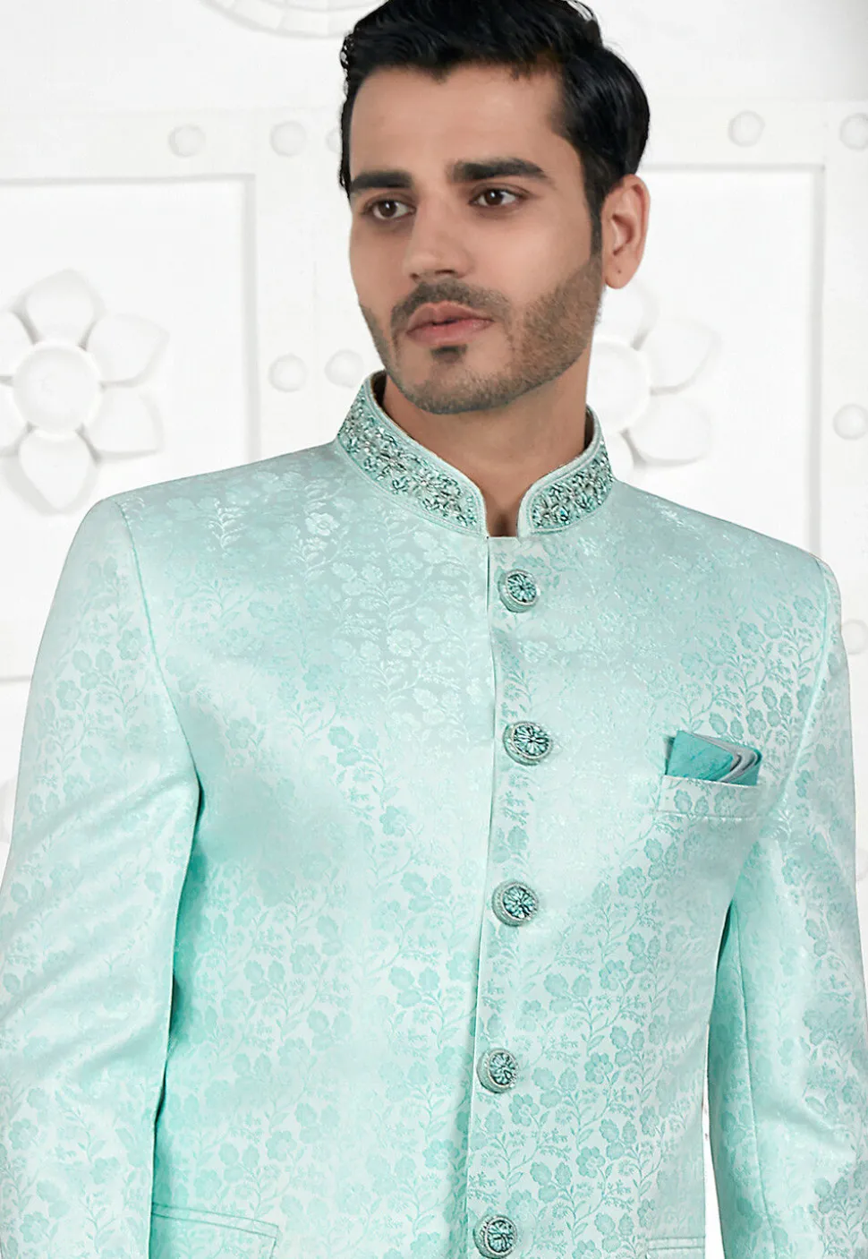 Woven Art Silk Jacquard Jodhpuri Jacket in Sea Green