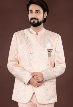 Woven Art Silk Jacquard Jodhpuri Jacket in Peach