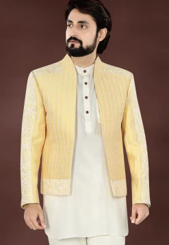 Woven Art Silk Jacquard Jodhpuri Jacket in Yellow