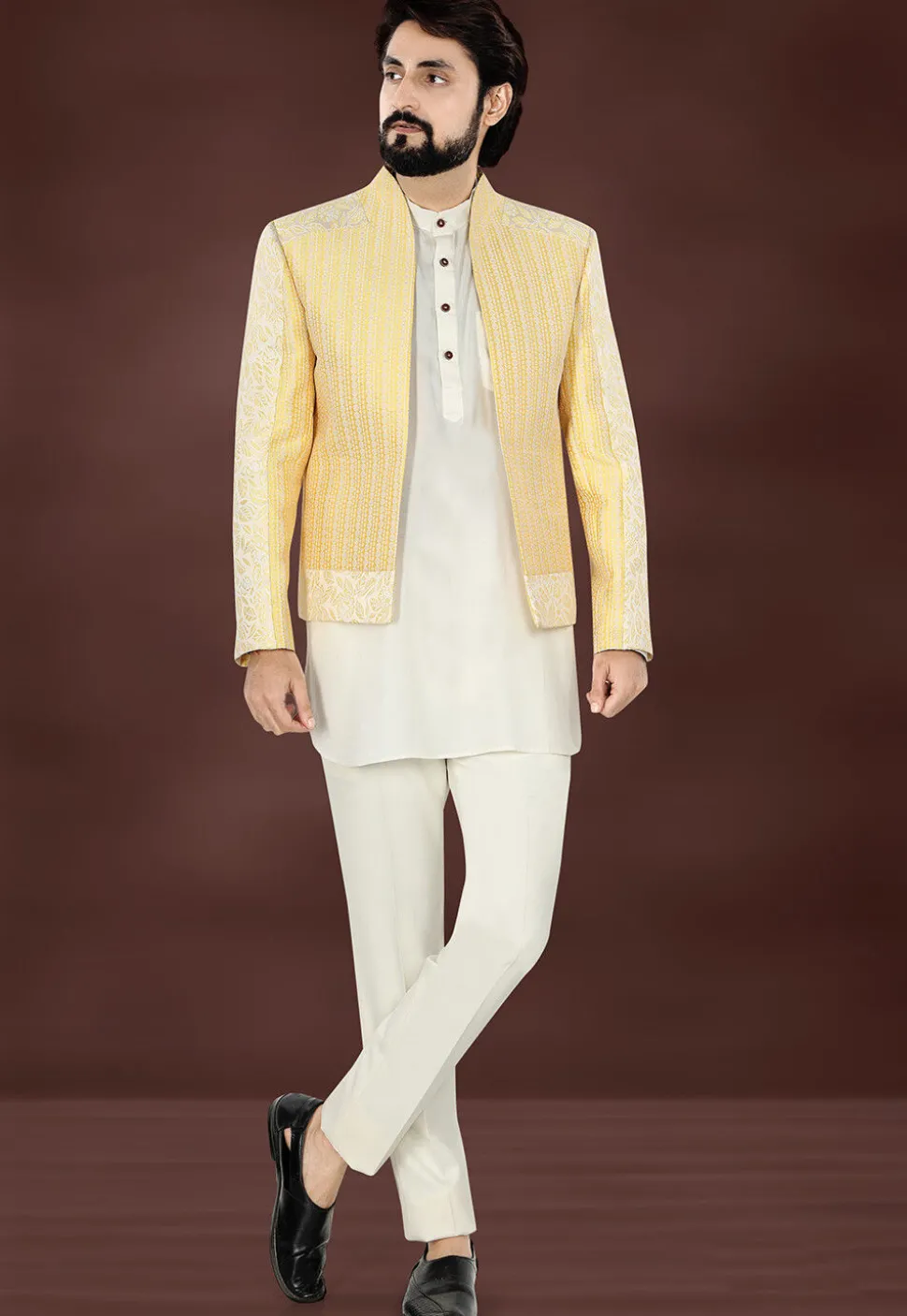 Woven Art Silk Jacquard Jodhpuri Jacket in Yellow