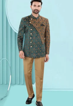 Woven Art Silk Jacquard Jodhpuri Jacket in Teal Green and Brown