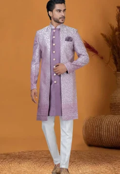 Woven Art Silk Jacquard Jacket Style Sherwani in Purple