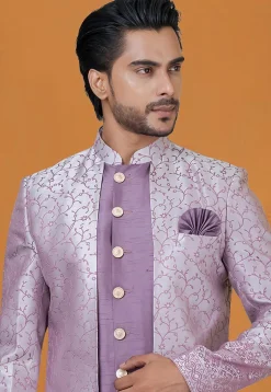 Woven Art Silk Jacquard Jacket Style Sherwani in Purple