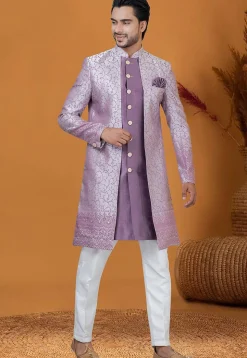 Woven Art Silk Jacquard Jacket Style Sherwani in Purple