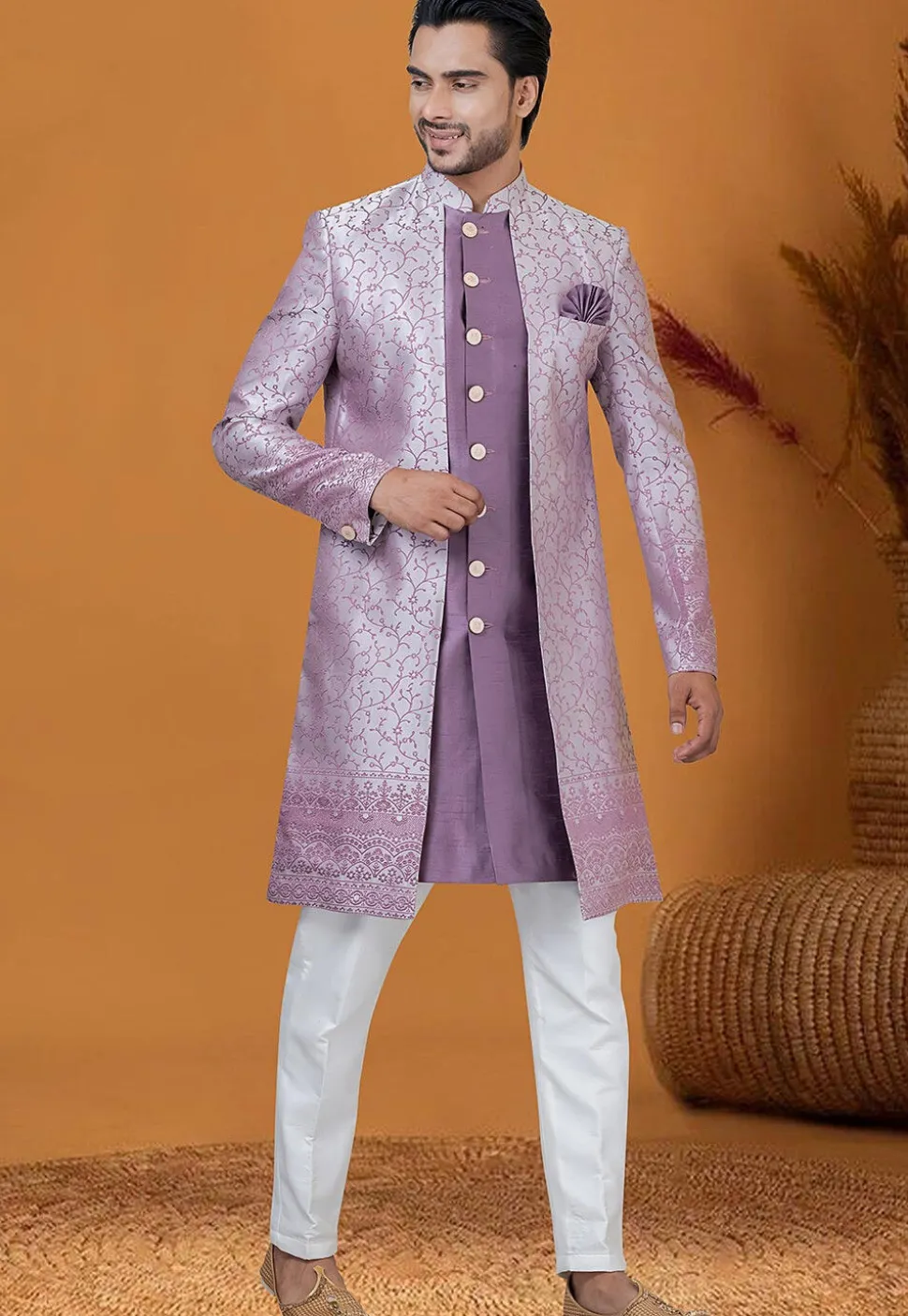 Woven Art Silk Jacquard Jacket Style Sherwani in Purple