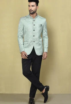Woven Art Silk Jacquard Jodhpuri Jacket in Sea Green