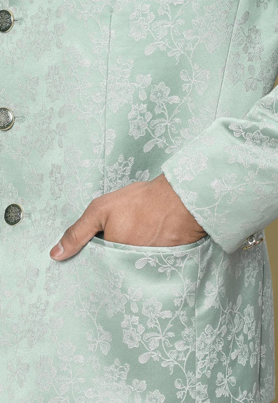 Woven Art Silk Jacquard Jodhpuri Jacket in Sea Green