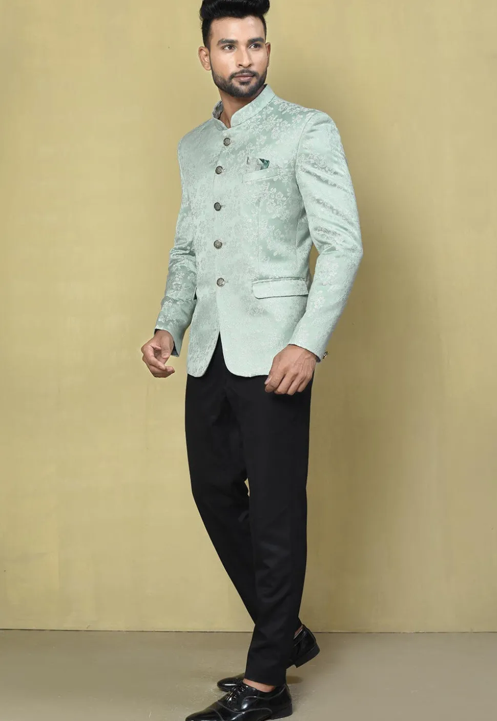 Woven Art Silk Jacquard Jodhpuri Jacket in Sea Green