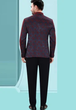 Woven Art Silk Jacquard Jodhpuri Jacket in Navy Blue and Maroon