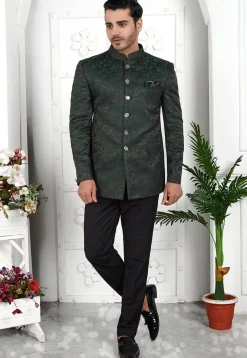 Woven Art Silk Jacquard Jodhpuri Jacket in Olive Green