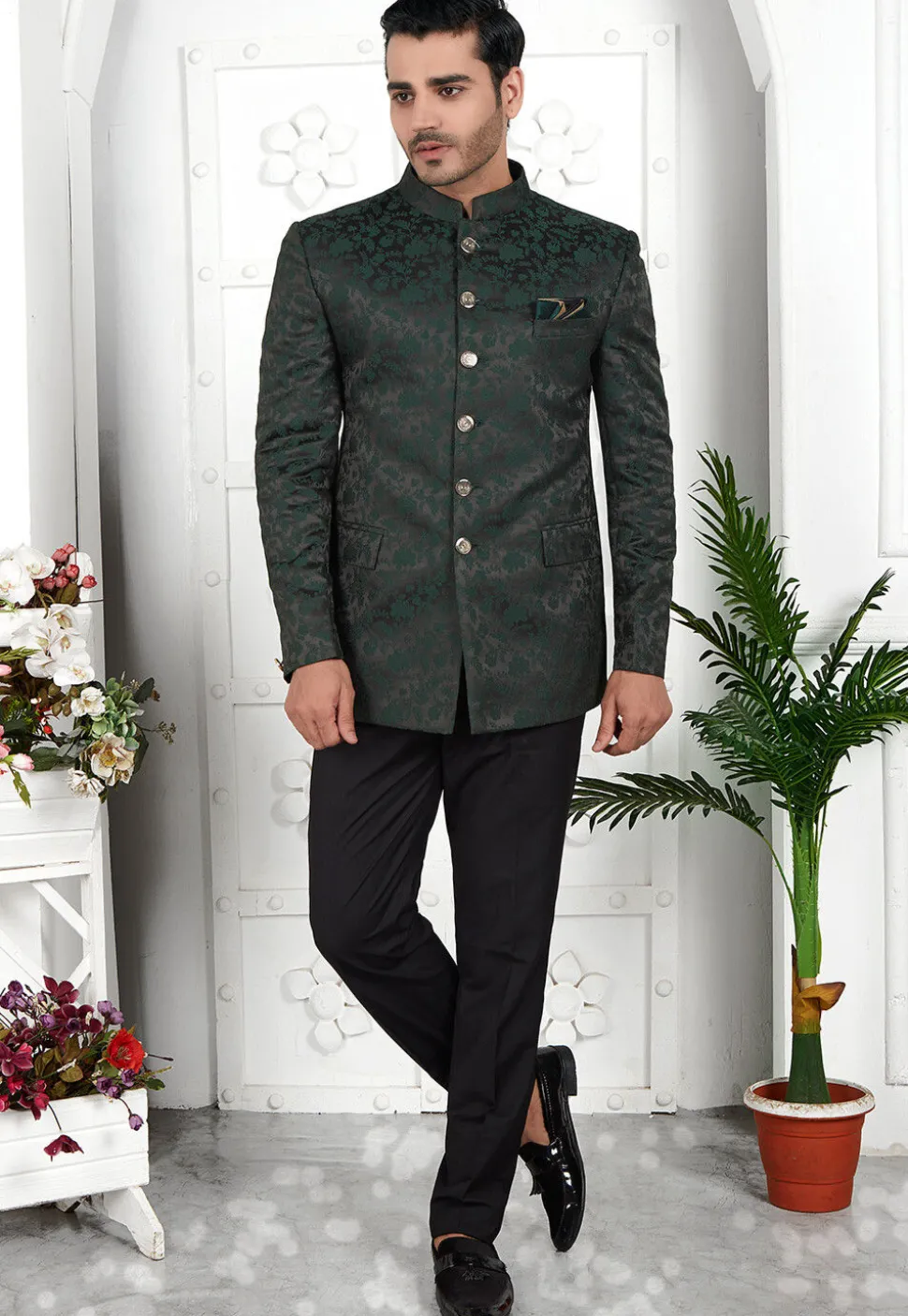 Woven Art Silk Jacquard Jodhpuri Jacket in Olive Green