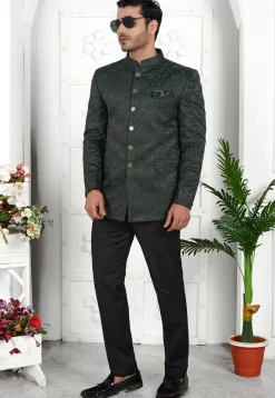 Woven Art Silk Jacquard Jodhpuri Jacket in Olive Green