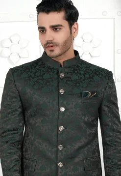 Woven Art Silk Jacquard Jodhpuri Jacket in Olive Green