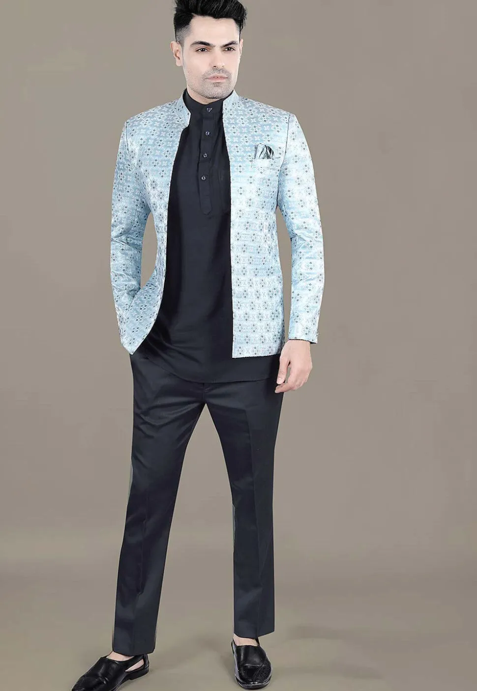 Woven Art Silk Jacquard Jodhpuri Suit in Sky Blue
