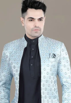 Woven Art Silk Jacquard Jodhpuri Suit in Sky Blue
