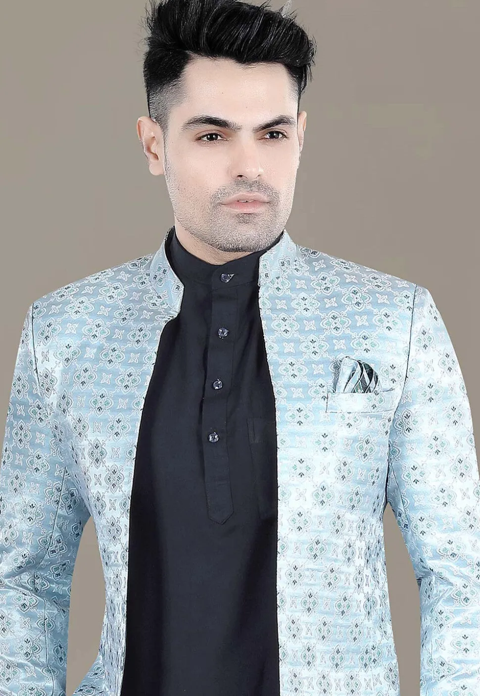 Woven Art Silk Jacquard Jodhpuri Suit in Sky Blue