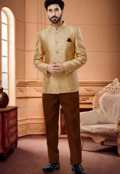 Woven Art Silk Jacquard Jodhpuri Suit in Golden