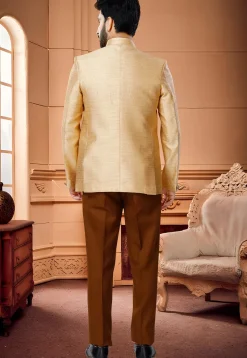 Woven Art Silk Jacquard Jodhpuri Suit in Golden
